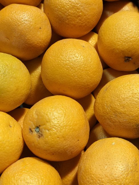A close-up view of multiple oranges with bright orange, slightly textured skin, piled together indoors, possibly on a table or box, with some showing small dark marks or imperfections. The lighting hi